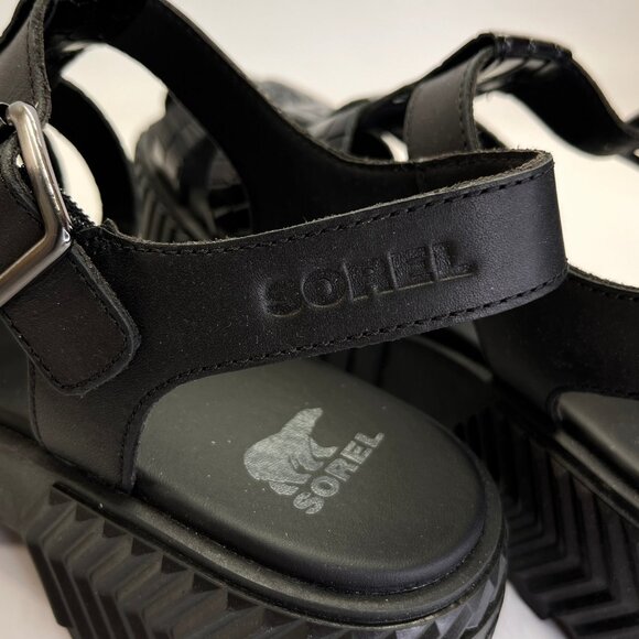 Sorel Ona Streetworks Fisherman Mid Sandal Size 9 Black Leather Platform Chunky - Picture 9 of 15